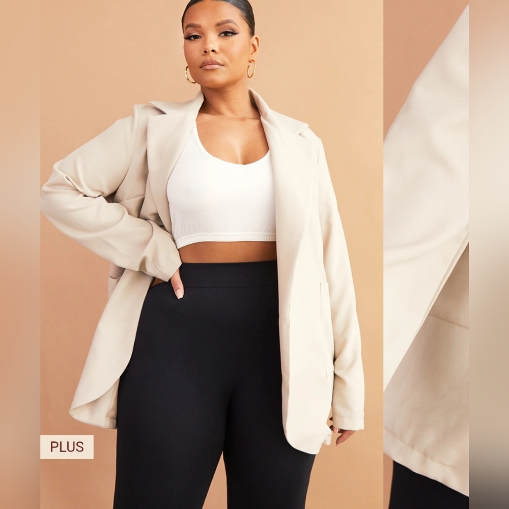 Prettylittlething Plus Stone Faux Leather Oversized Blazer Size 14